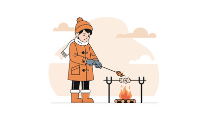 Winter Fun Youngster Roasting Food Over A Campfire Outdoors Illustration