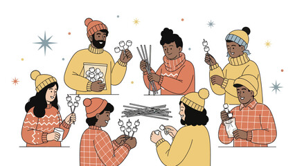 Winter Gathering Of Friends Preparing Marshmallows For Roasting Together Outdoors