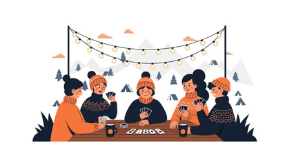 Winter Getaway Friends Playing Cards In Snowy Landscape At Night Illustration