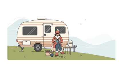 Winter Getaway Retreating Into Cozy Knitting By The Campground Trailer Vacation