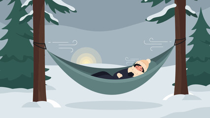 Winter Hammock Nap In Snowy Forest Tranquil Scene Illustration