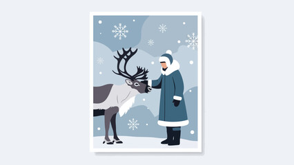 Winter Season Scene Of A Reindeer And A Human Wearing Heavy Winter Coat
