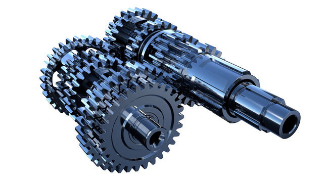 Mechanical gear system, steel transmission gears assembly on white background, 3 D rendering