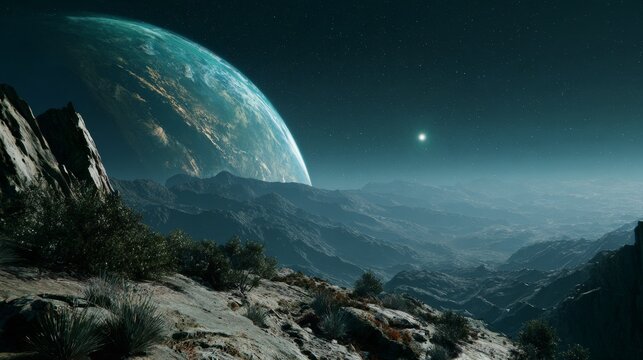 A vast, rocky terrain on an alien planet is observed under a dark sky with a distant, vibrant planet and a bright star