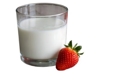 Glass of milk with fresh strawberry on black background