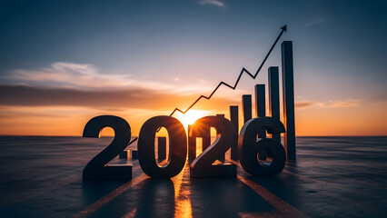 Future growth in 2026: A striking silhouette of the number 2026, illuminated by the warm, golden hues of sunrise, is further accentuated by a graph depicting upward progression