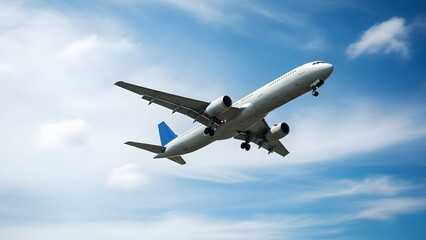Airplane soaring through blue skies with white clouds