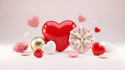 Valentine's day romantic gift arrangement with hearts roses and decorative whit background