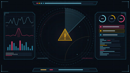 Digital display shows warning sign with data charts and indicators on a dark background during a monitoring session