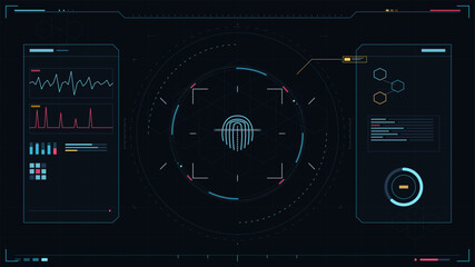 Display of biometric data with fingerprint scan and graphs on a digital interface screen in modern design