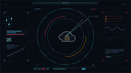 Cloud security interface displaying data protection measures with visual graphs and alerts in a digital setting