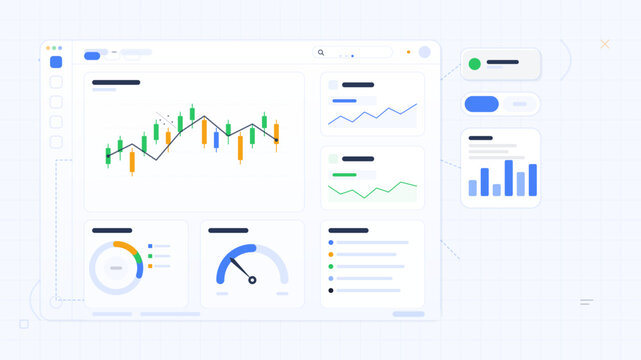 Data analysis dashboard shows various charts and graphs for business performance tracking and financial assessment