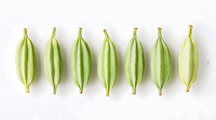 fresh bitter melons in a row on white background