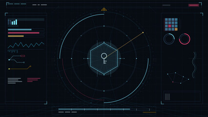 Digital interface displays data readings and metrics for an unknown system while highlighted elements point to specific values and warnings