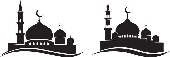 Silhouette of an Islamic mosque landscape with multiple domes and minarets under a crescent moon, decorative element for Ramadan and religious holidays.