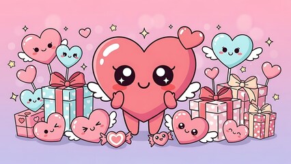 Cute kawaii style heart characters with wings and gift boxes on pastel whit background