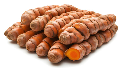 Fresh raw turmeric roots pile on white background, vibrant orange spice ingredient