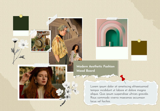 Modern Aesthetic Fashion Mood Board Collage Mockup with Color Swatches and Torn Paper