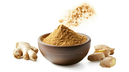 Ginger powder in a bowl with fresh ginger roots