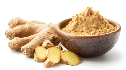 Ginger root and ginger powder in bowl