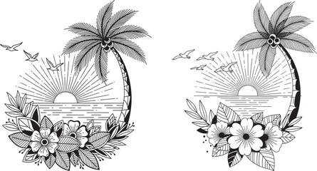 Two circular tropical island illustrations with palm trees, setting sun, and floral borders, summer paradise vacation and travel concept. © FrajanaAI