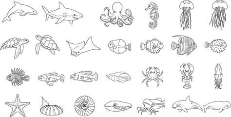 Obraz premium Black and White Line of Marine Animals and Sea Creatures Bundle Set Collection