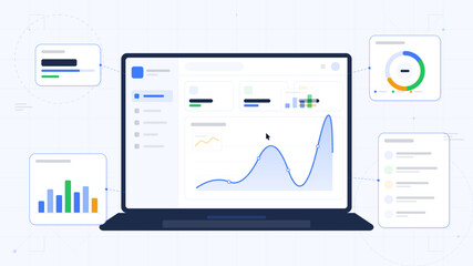 Data analysis tools show growth trends and statistics on a laptop screen in a digital workspace setting