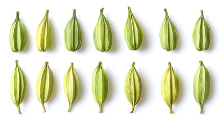starfruit pods arranged in rows on white background