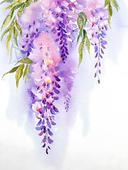 Beautiful watercolor wisteria flowers with green leaves