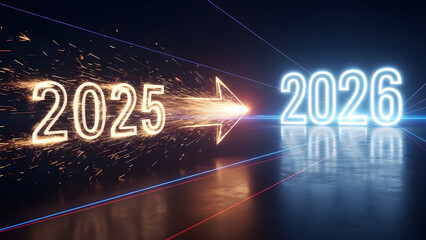 The Next Horizon: A captivating digital depiction, where the numerals 2025 blaze with the fiery essence of the present, seamlessly transition into the futuristic gleam of 2026.