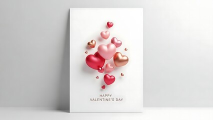 Elegant valentine's day greeting card with colorful 3d hearts on white whit background