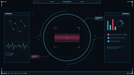 Digital interface with data visualizations and charts showing analytics and tracking in a futuristic design
