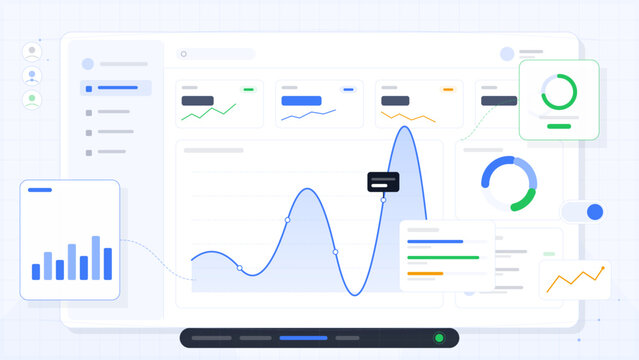 Visual showing data analytics dashboard with graphs and charts for tracking performance metrics over time in a digital setting