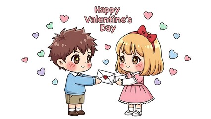 Cute cartoon children exchanging love letter for valentine's day celebration whit background