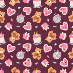 Seamless cute birthday pattern with cakes, teddy bears, and gifts. Adorable repeating pattern on a dark maroon background.