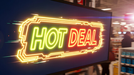 Enticing Hot Deal Sign: A vibrant display flashing the words HOT DEAL, capturing attention in a bustling retail environment. Featuring bright illumination, enticing potential shoppers.