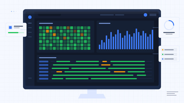 Data analysis dashboard displays visual reports and metrics for user interaction trends and performance insights in real-time monitoring