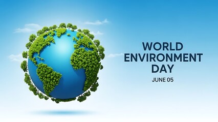 World environment day greeting card design with green earth globe covered in trees against blue sky background