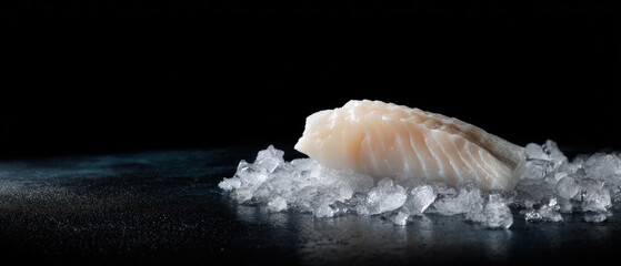 Raw white fish fillet on crushed ice against dark background, close-up side view