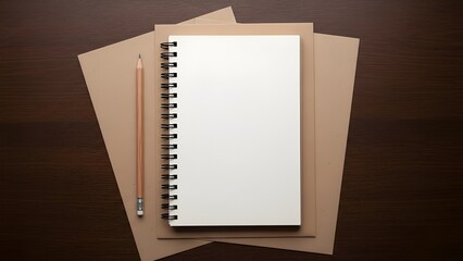 Top view of a blank spiral notebook and a pencil on a wooden desk