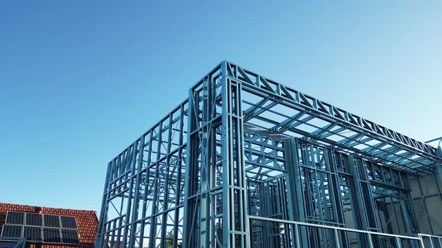 Steel frame house under construction, modern residential building site
