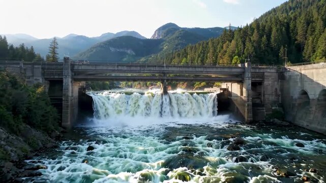 View of dams and waterfalls on mountain rivers Spectacular discharge of dams