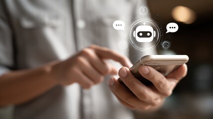 Person using smartphone with chatbot icons and virtual communication concepts for artificial intelligence interaction in modern technology lifestyle.