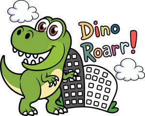 Friendly Green Dinosaur Roaring Next to a City Building