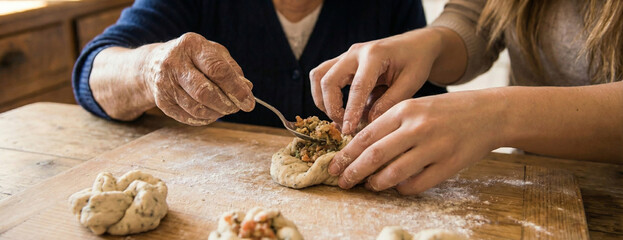 Hands of grandmother and young woman filling dough on wooden table. Ideal for cooking classes, heritage, and teamwork themes.