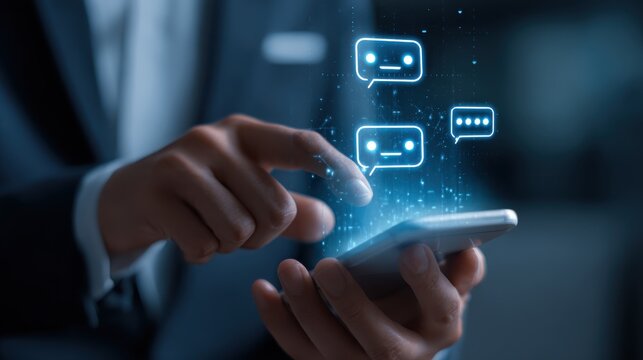 Modern smartphone communication concept with virtual chat bubbles and technology in a business setting, highlighting digital interaction and connectivity. - Powered by Adobe