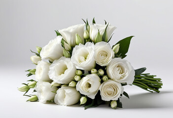 White lisianthus bouquet on white background, rose-like petals, elegant arrangement, romantic flowers, modern style, luxury bouquet, natural beauty