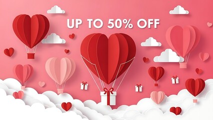 Valentine's day promotion with heart shaped hot air balloons and gift boxes whit background