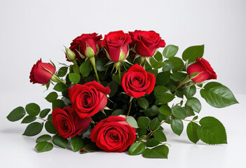 Red rose bouquet on white background, gift bouquet, classic design, wedding style