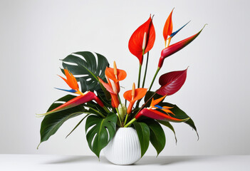 Tropical bouquet on white background, exotic flowers, luxury bouquet, fresh cut, florist quality, elegant composition